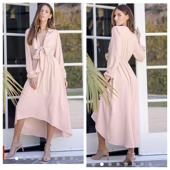 New Lulus Beautiful Sight Blush‎ long sleeve midi dress tie front Large - Picture 1 of 13